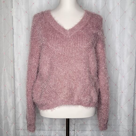 Unbranded Blush Mauve Pink Eyelash Fuzzy Nubby Pullover V Neck Sweater Sz‎ Small - Picture 1 of 8